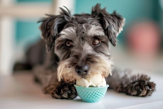 A purebred dog happily eats ice cream on a blurred kitchen background, with space for copy text.