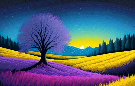 Beautiful and Peaceful Nature Scenery Illustration, Landscape, Countryside, Tranquil, Vibrant and Colorful © Imejing