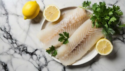 Fresh raw cod fillets with parsley and lemon on white marble table, top view 