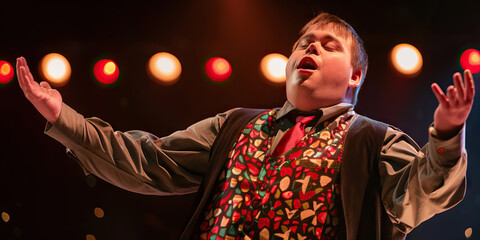 Man with Down syndrome performing in a talent show. Learning Disability