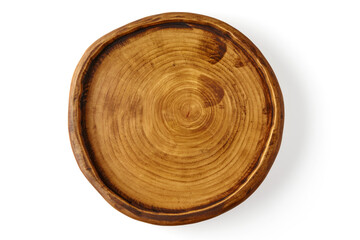 Handmade wooden plate isolated on a white background. Top view with copy space