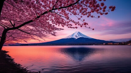 Scenic japanese mountain landscape with cherry blossom trees blooming in springtime