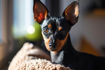 A cute purebred dog sits in a chair in a modern living room and looks into the lens.
