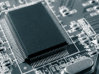 Electronic circuit board. Abstract technological background. Digital chip integrated communication...