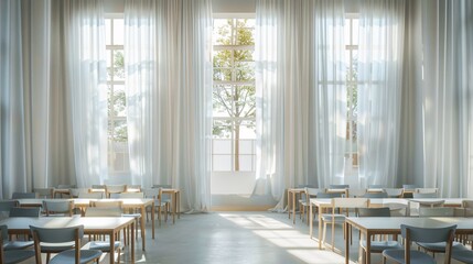 Modern Classroom with Open Windows and Curtains Generative AI