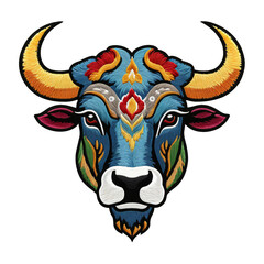 Ornate colorful embroidered patch badge of a cattle head in portrait view on transparent background