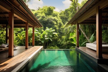 A swiming pool in a Bali style lounge with wood slat flooring and tropical backyard