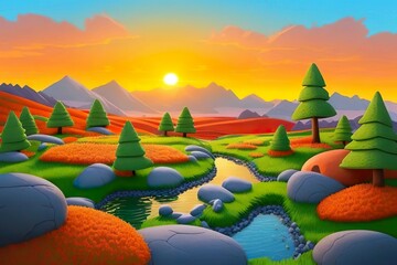 Beautiful and Peaceful Nature Scenery Illustration, Landscape, Countryside, Tranquil, Vibrant and Colorful