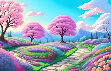 Gartenposter Beautiful and Peaceful Nature Scenery Illustration, Landscape, Countryside, Tranquil, Vibrant and Colorful © Imejing