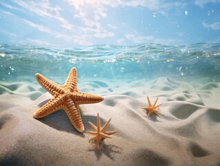 Fototapeta na wymiar starfish on sand with water in the background