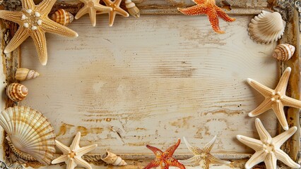 Starfishes and seashells on a wooden background with space for text. Generative AI.