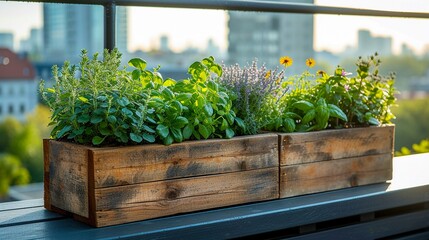 Herbs in a wooden box on the balcony in the morning. Generative AI.