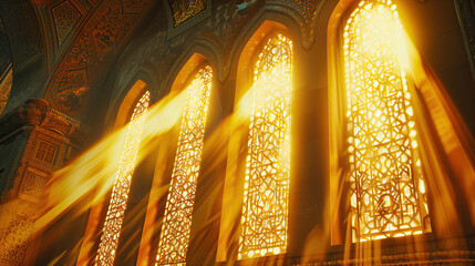 islamic mosque window with golden metal windows. warm sunlight trough the islamic mosque windows ornament. ramadan kareem holiday celebration concept - obrazy, fototapety, plakaty