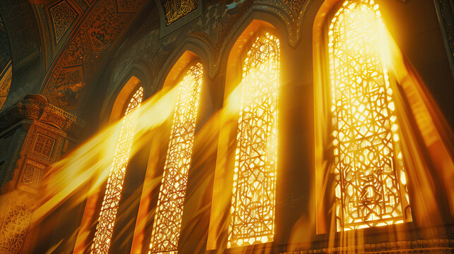 islamic mosque window with golden metal windows. warm sunlight trough the islamic mosque windows ornament. ramadan kareem holiday celebration concept
