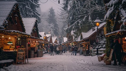 Christmas markets under the snow in a quaint European village.