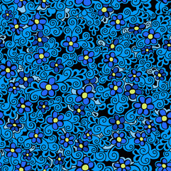 Abstract drawing of daisies hand-drawn in yellow and blue tones.Seamless pattern.