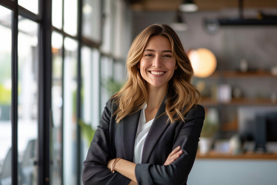 Photo of smiling young professional woman in trendy business attire in bright contemporary office