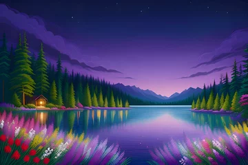 Deurstickers Beautiful and Peaceful Nature Scenery Illustration, Landscape, Countryside, Tranquil, Vibrant and Colorful © Imejing