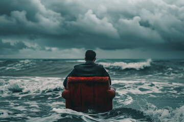Man in a seat on armchair lost at sea. Generative AI