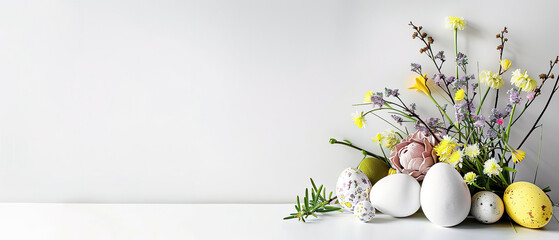 Easter wallpaper with colorful easter eggs and flowers on a white background with copy space