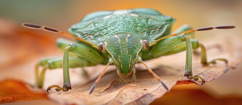 A close-up view of an adult common green shieldbug