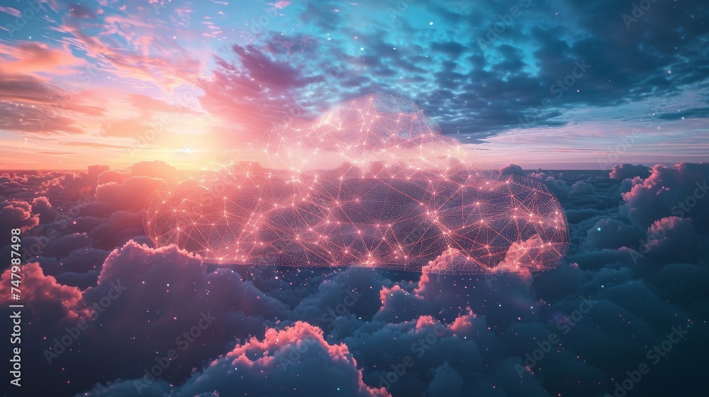 Poster cloud computing clouds merging with real clouds at sunset.