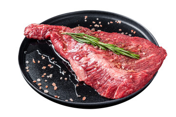 Seasoned raw tri-tip beef meat steak on plate. Isolated, Transparent background.