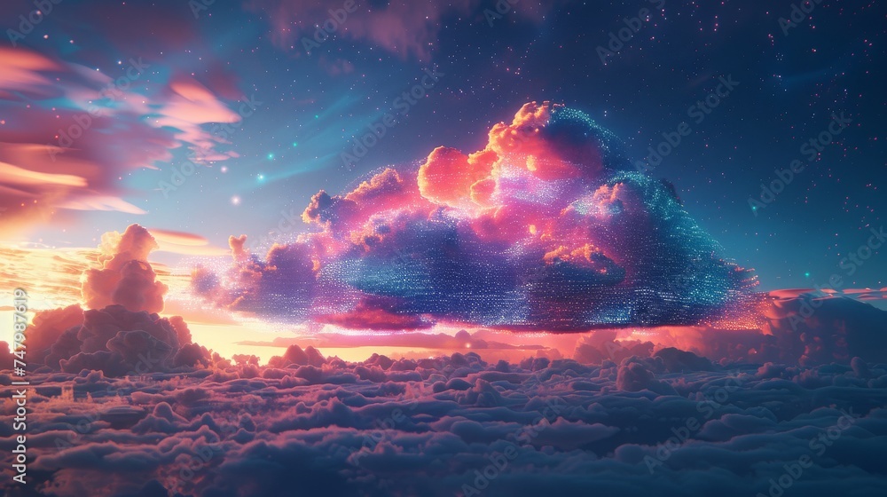 Poster cloud computing clouds merging with real clouds at sunset.