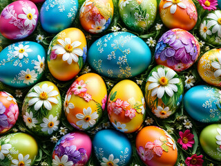 Fototapeta na wymiar colourful easter eggs with floral patterns, easter decoration background, colourful eggs, spring flower, spring joy, easter gift, easter tradition, festive, holiday