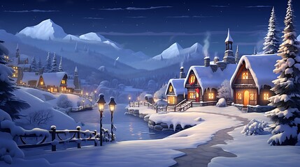 A picturesque village, created by AI, is nestled among the snow-covered hills, with cozy cabins and twinkling lights welcoming visitors, creating a heartwarming scene of winter life in the pristine wi - obrazy, fototapety, plakaty