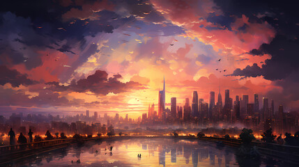Anime Cityscape with Mirror-Like Buildings, City Sunset Glow, Dreamy Skyline Bathed in Golden Light