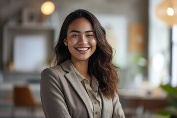 Photo of smiling young professional woman in trendy business attire in bright contemporary office