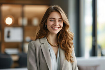 Fototapeta premium Photo of smiling young professional woman in trendy business attire in bright contemporary office