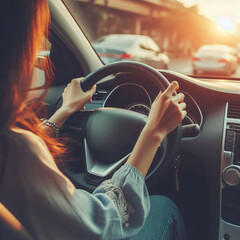 Young woman driving a car in the city. Close up of female hands on steering wheel.