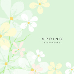 Spring abstract vector background with cute simple blooming flowers
and leaves on a green background. Artistic illustration for card, banner, invitation, social media post, poster, advertisement