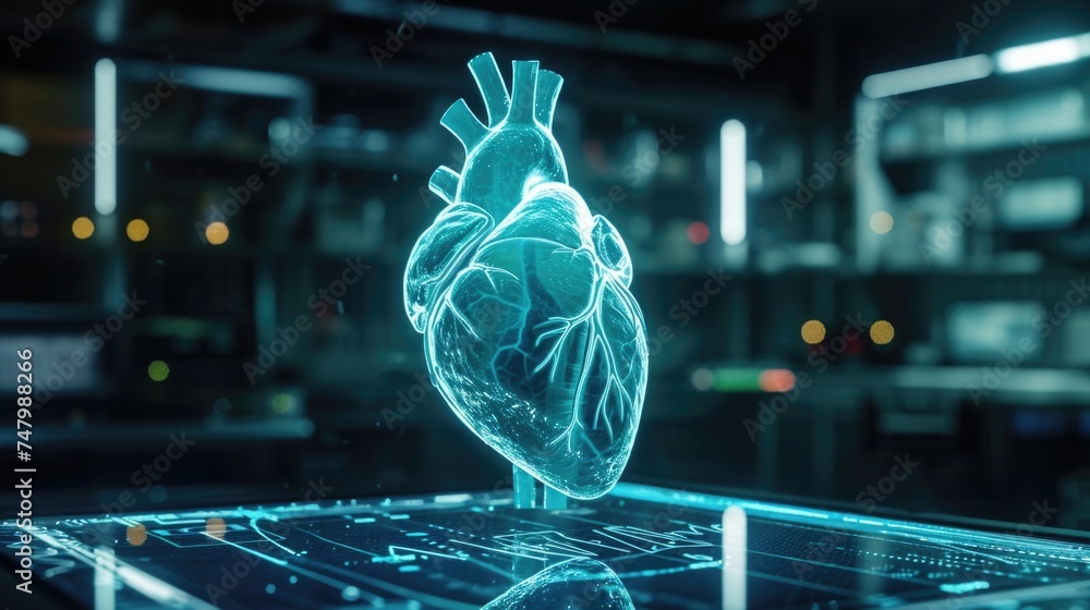 Poster in a biology cl a hologram of a human heart is connected to iot sensors that monitor its beating and