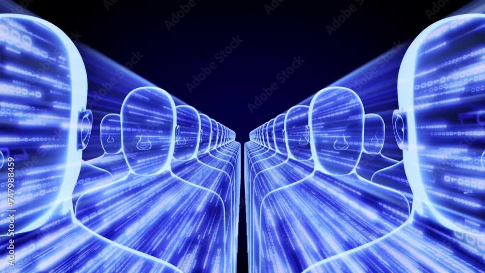 Poster many geometrical male faces and matrix style binary code - 3d 4k animation (3840 x 2160 px)