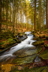 Waterfalls, cascades, Jeseníky mountains, water, forests, rocks, trees, mountain stream