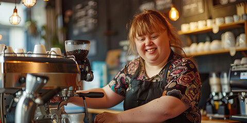 Fototapeta na wymiar Woman with Down syndrome working as a barista in a coffee shop. Learning Disability