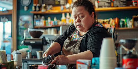 Woman with Down syndrome working as a barista in a coffee shop. Learning Disability