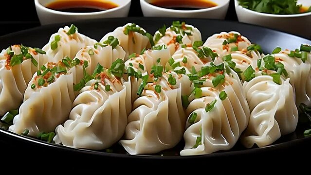 A plate of gyoza (Japanese dumplings) is beautifully garnished with herbs and served with soy sauce on a dark background. Concept for: cookbooks, restaurant menus, food blogs and publications about Ja
