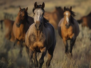 Wild horses galloping across the steppe
