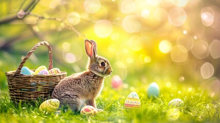 Obraz premium a rabbit sitting in grass next to a basket of eggs