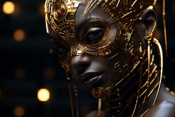 a woman wearing a gold mask