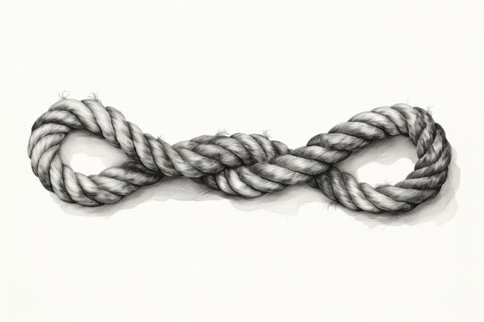 Vintage black and white engraving of nautical rope tied in classic sea knot on white background.
