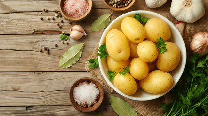 Fresh organic potatoes in white ceramic bowl.