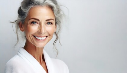 Mature woman's radiant smile in a white robe. Her eyes sparkle with vitality, and her silver hair...