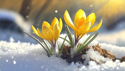 Crocuses emerge through snow hinting at spring arrival. A beautiful juxtaposition of bright yellow...