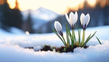Crocuses emerge through snow, heralding spring in a wintry landscape. Violet and white petals contrast with the white snow. - obrazy, fototapety, plakaty