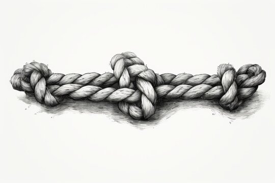 Black and white engraving illustration of rope tied in a sea knot on white background.